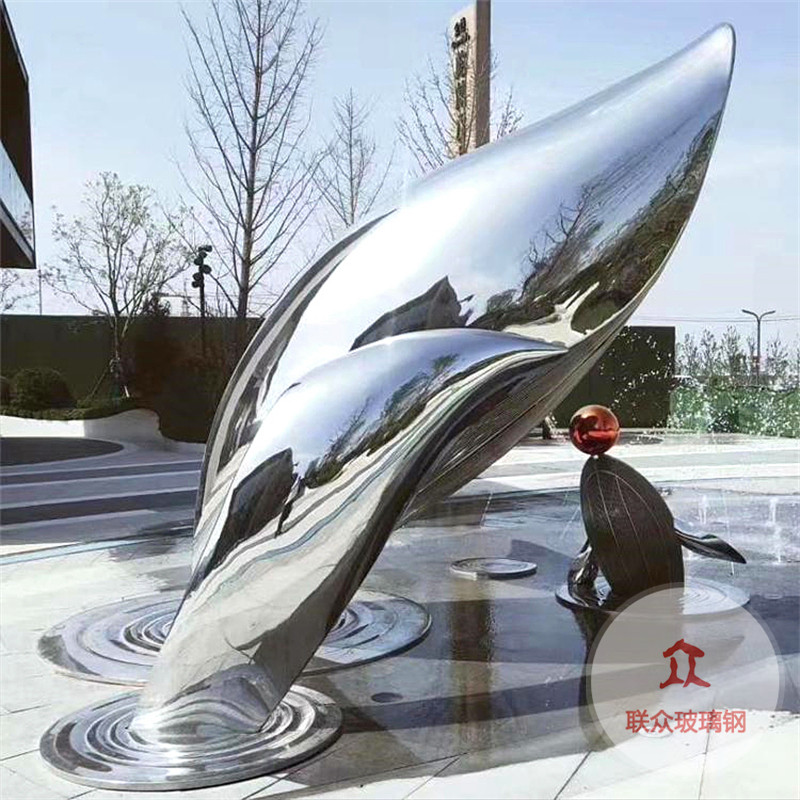 不銹鋼雕塑定制戶外大型鏡面抽象鹿金屬鏤空圓環月亮浪花景觀擺件